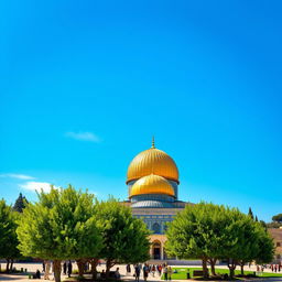 A beautiful panoramic view of Masjid Al-Aqsa, showcasing its stunning golden dome against a bright blue sky