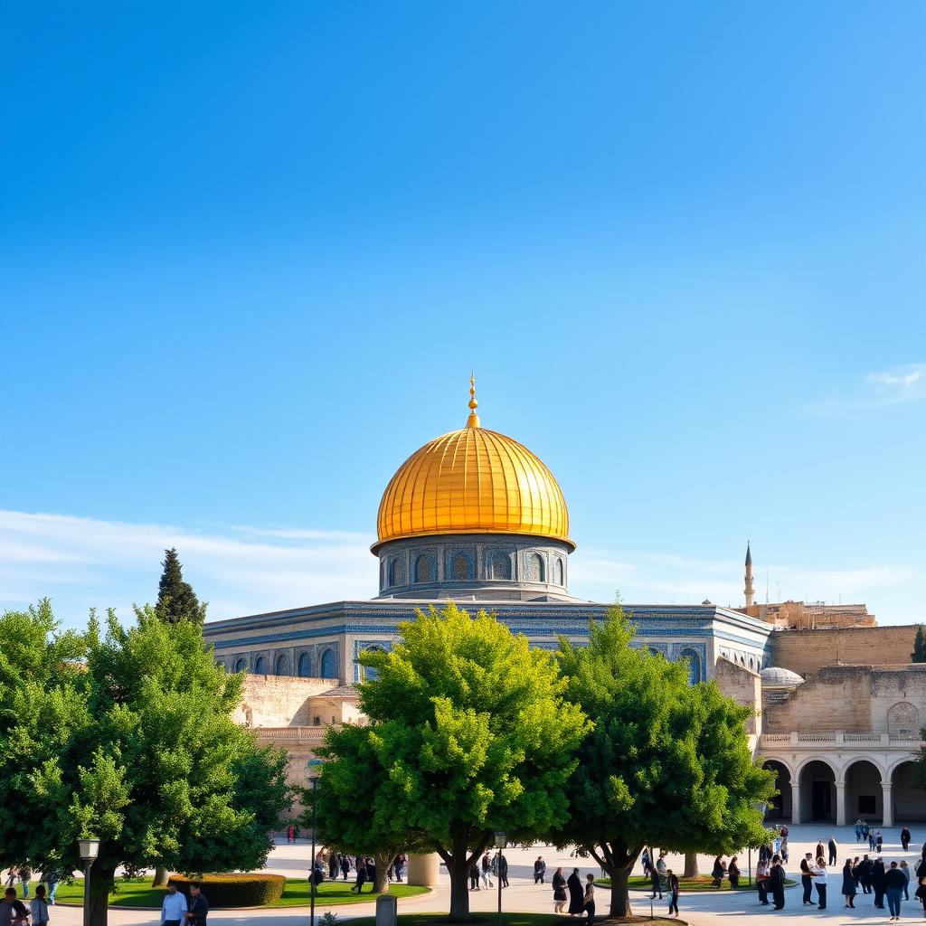 A beautiful panoramic view of Masjid Al-Aqsa, showcasing its stunning golden dome against a bright blue sky