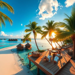 A stunning tropical island resort, featuring luxurious overwater bungalows surrounded by crystal clear turquoise waters and vibrant coral reefs