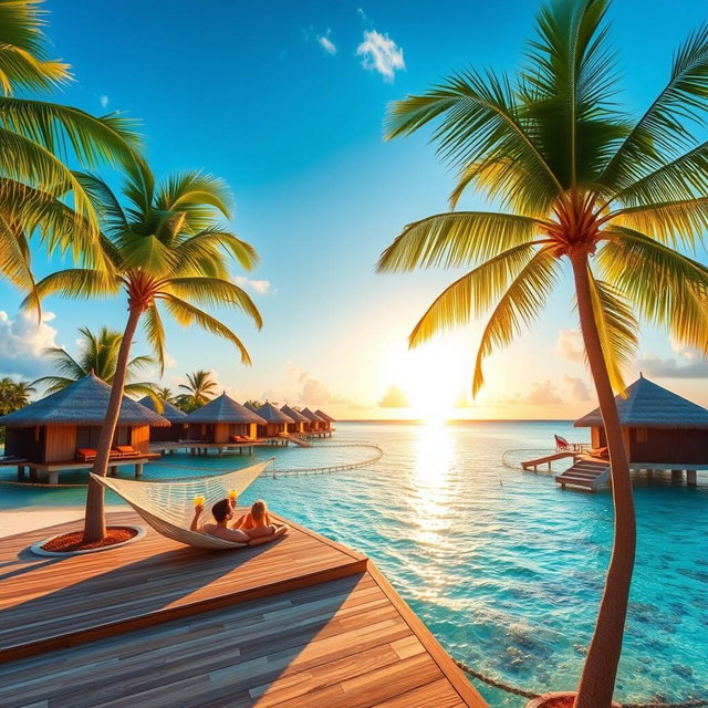 A stunning tropical island resort, featuring luxurious overwater bungalows surrounded by crystal clear turquoise waters and vibrant coral reefs