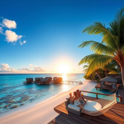 A stunning tropical island resort, featuring luxurious overwater bungalows surrounded by crystal clear turquoise waters and vibrant coral reefs