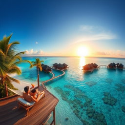A stunning tropical island resort, featuring luxurious overwater bungalows surrounded by crystal clear turquoise waters and vibrant coral reefs