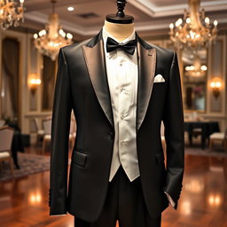 A sophisticated formal attire setup featuring a well-tailored tuxedo with a glossy black finish, complemented by a crisp white dress shirt and a stylish black bow tie