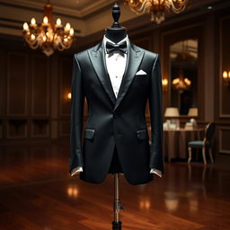 A sophisticated formal attire setup featuring a well-tailored tuxedo with a glossy black finish, complemented by a crisp white dress shirt and a stylish black bow tie