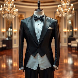 A sophisticated formal attire setup featuring a well-tailored tuxedo with a glossy black finish, complemented by a crisp white dress shirt and a stylish black bow tie