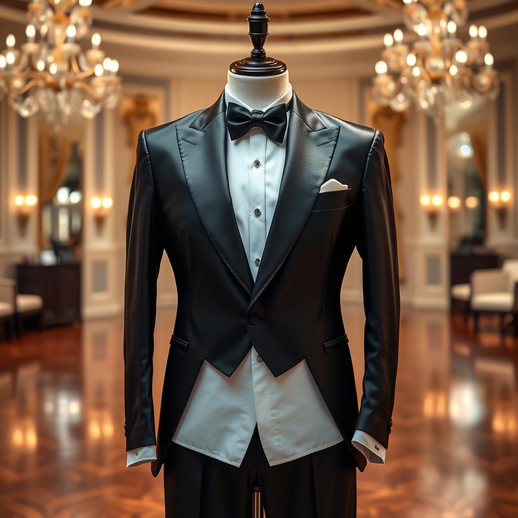 A sophisticated formal attire setup featuring a well-tailored tuxedo with a glossy black finish, complemented by a crisp white dress shirt and a stylish black bow tie