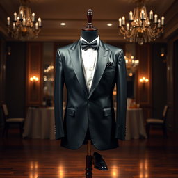 A sophisticated formal attire setup featuring a well-tailored tuxedo with a glossy black finish, complemented by a crisp white dress shirt and a stylish black bow tie