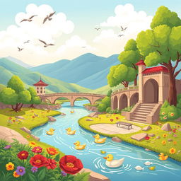 A lively cartoon image of the Zayandeh Rood River in Isfahan, Iran, featuring vibrant colors and whimsical scenery