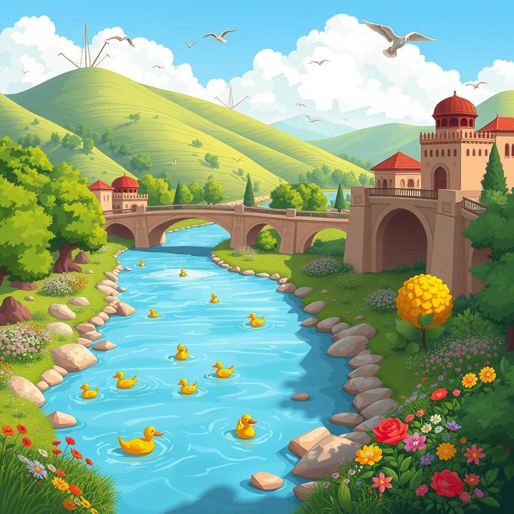 A lively cartoon image of the Zayandeh Rood River in Isfahan, Iran, featuring vibrant colors and whimsical scenery
