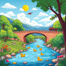 A lively cartoon image of the Zayandeh Rood River in Isfahan, Iran, featuring vibrant colors and whimsical scenery