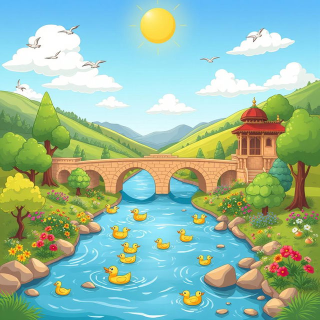 A lively cartoon image of the Zayandeh Rood River in Isfahan, Iran, featuring vibrant colors and whimsical scenery