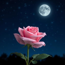 A beautiful pink rose blooming at night under a starry sky, surrounded by soft moonlight that enhances its delicate petals