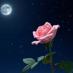 A beautiful pink rose blooming at night under a starry sky, surrounded by soft moonlight that enhances its delicate petals