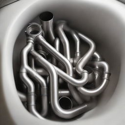 A complex arrangement of clean, metal pipes under a kitchen sink, featuring bends and joints, bathed in soft light from above.