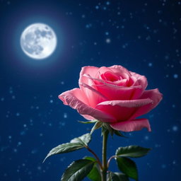 A beautiful pink rose blooming at night under a starry sky, surrounded by soft moonlight that enhances its delicate petals