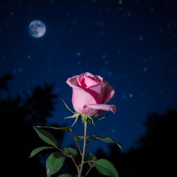 A beautiful pink rose blooming at night under a starry sky, surrounded by soft moonlight that enhances its delicate petals