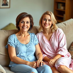 A 45-year-old woman with short brown hair and brown eyes sitting comfortably on a plush couch, wearing a lovely blue nightie