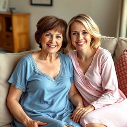 A 45-year-old woman with short brown hair and brown eyes sitting comfortably on a plush couch, wearing a lovely blue nightie