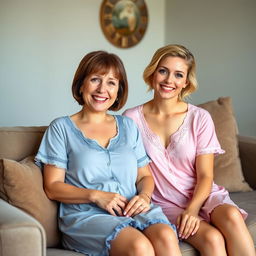 A 35-year-old woman with short brown hair and brown eyes sitting comfortably on a cozy couch, wearing a charming blue nightie