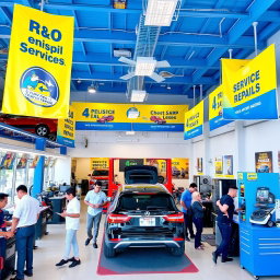 A vibrant and inviting service center featuring a wide range of services like car repair, smartphone repairs, and home appliance servicing
