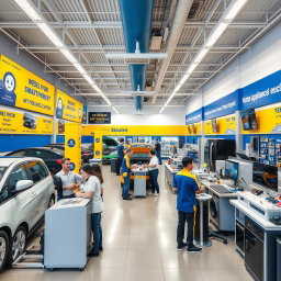 A vibrant and inviting service center featuring a wide range of services like car repair, smartphone repairs, and home appliance servicing