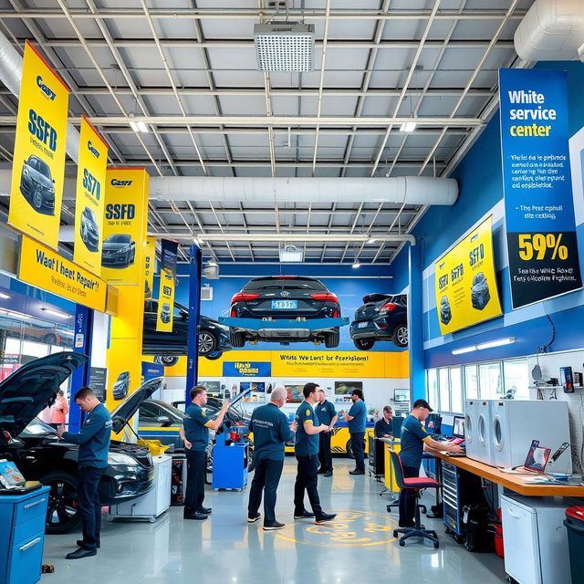 A vibrant and inviting service center featuring a wide range of services like car repair, smartphone repairs, and home appliance servicing