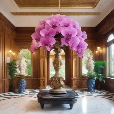 The luxurious mansion was adorned with elegant sculptures and paintings inspired by the delicate beauty of aerides orchids.