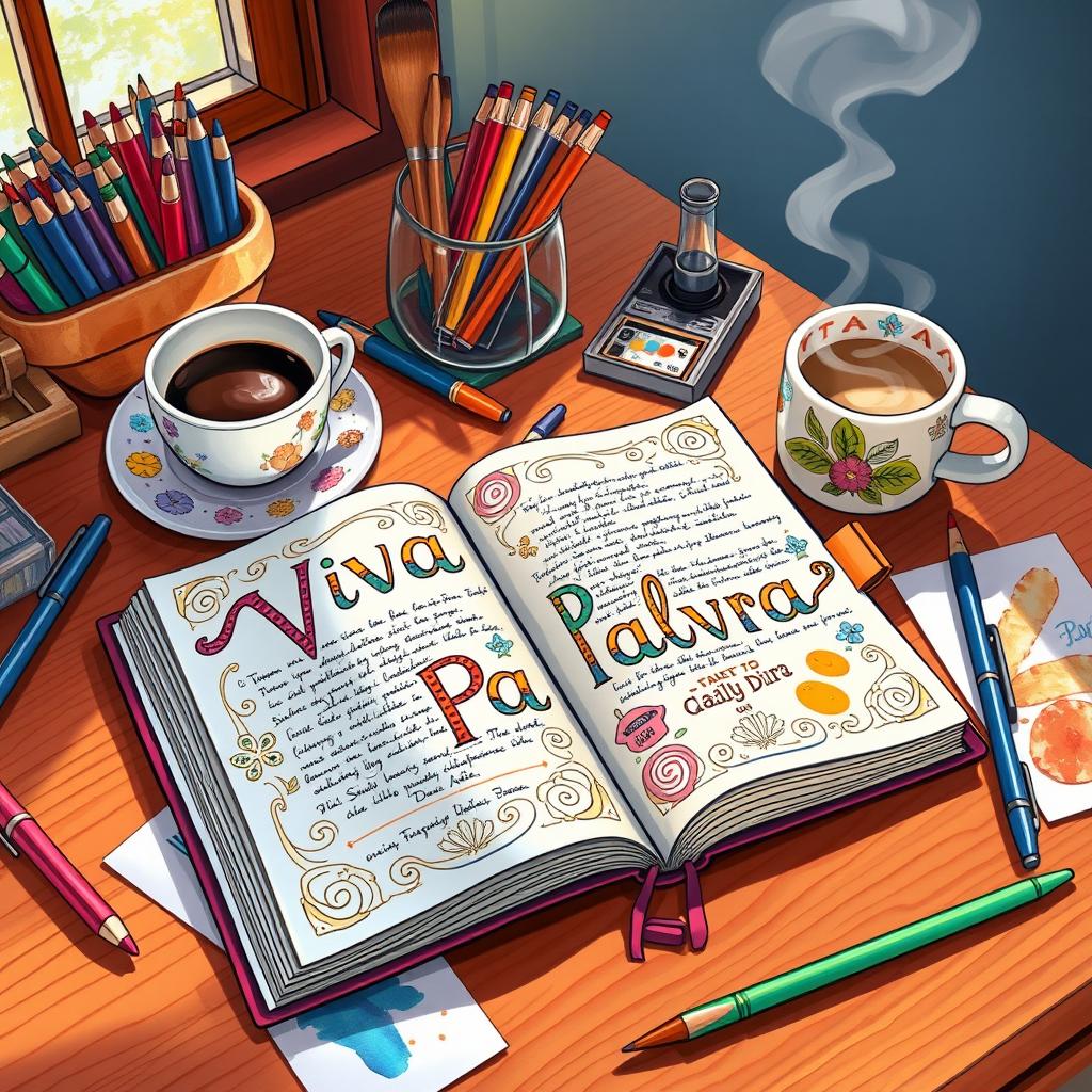 A vibrant and colorful illustration of a daily diary titled 'Viva a Palavra' lying open on a wooden desk