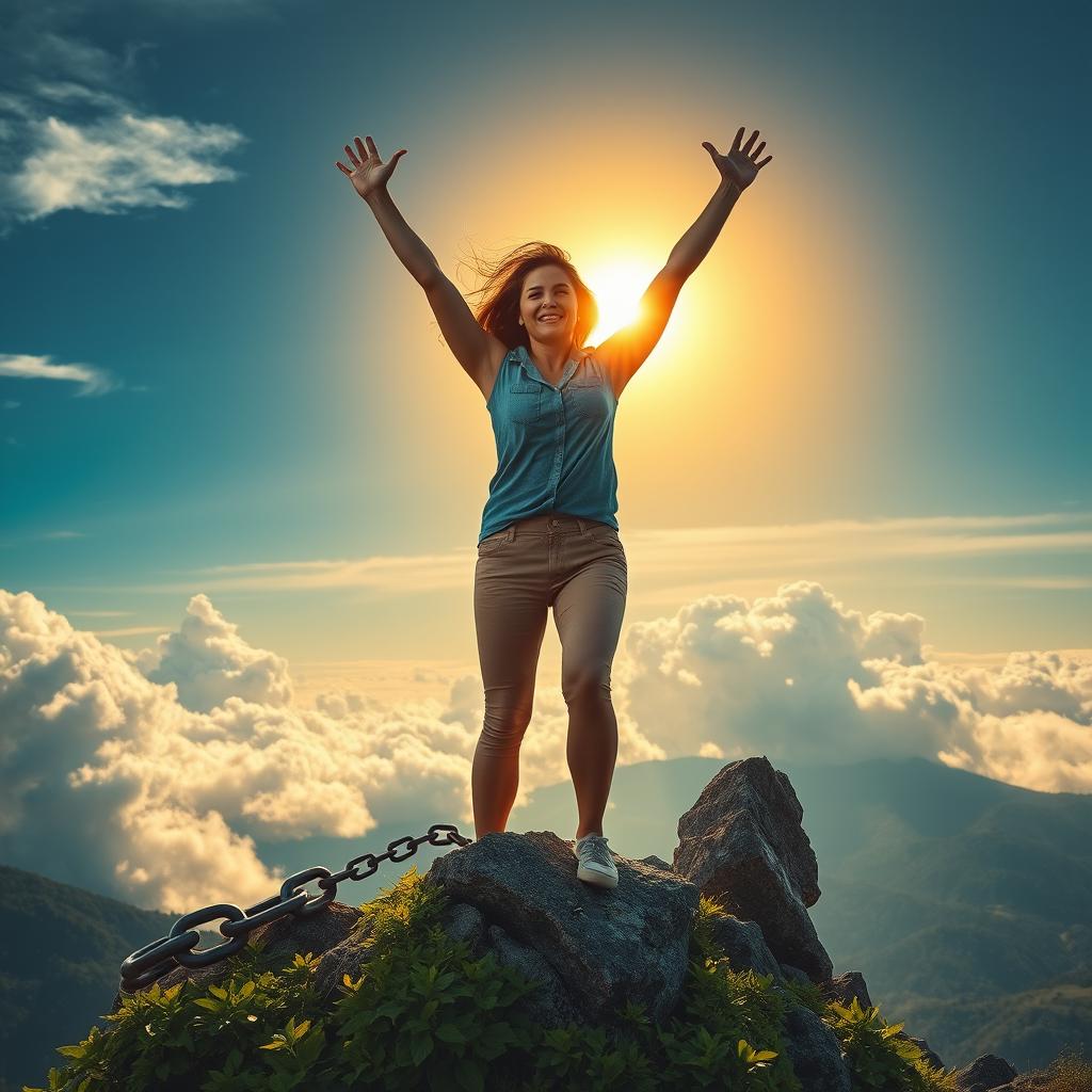 A powerful and dramatic scene depicting a woman standing on a mountain peak, triumphantly raising her arms to the sky as the sun sets behind her, casting a golden glow