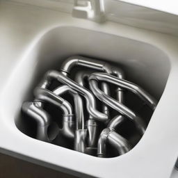 A complex arrangement of clean, metal pipes under a kitchen sink, featuring bends and joints, bathed in soft light from above.