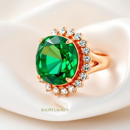 An exquisite piece of jewelry envisioned as a collaboration between Ralph Lauren and Swarovski, featuring a striking cocktail ring