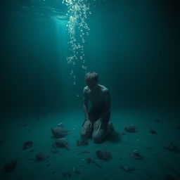 A surreal underwater scene depicting a figurative representation of feelings of drowning and despair