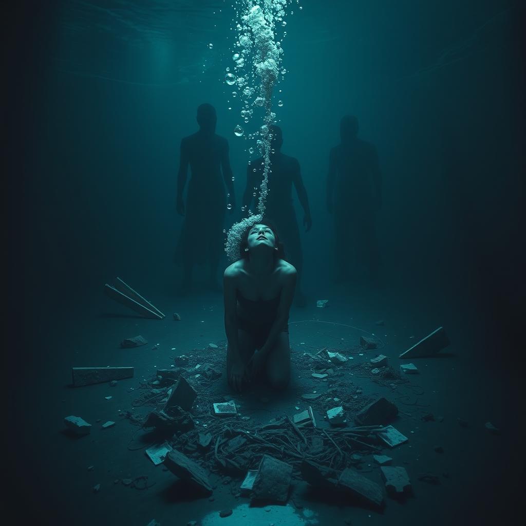 A surreal underwater scene depicting a figurative representation of feelings of drowning and despair