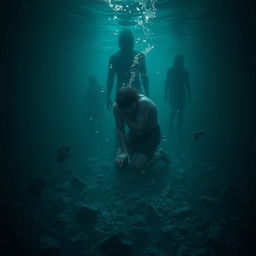 A surreal underwater scene depicting a figurative representation of feelings of drowning and despair