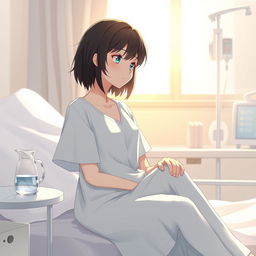 A female character wearing a hospital patient gown, sitting on a hospital bed, looking thoughtful