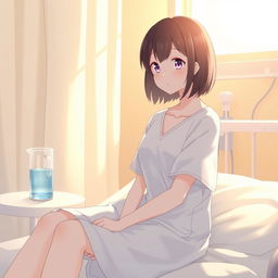 A female character wearing a hospital patient gown, sitting on a hospital bed, looking thoughtful