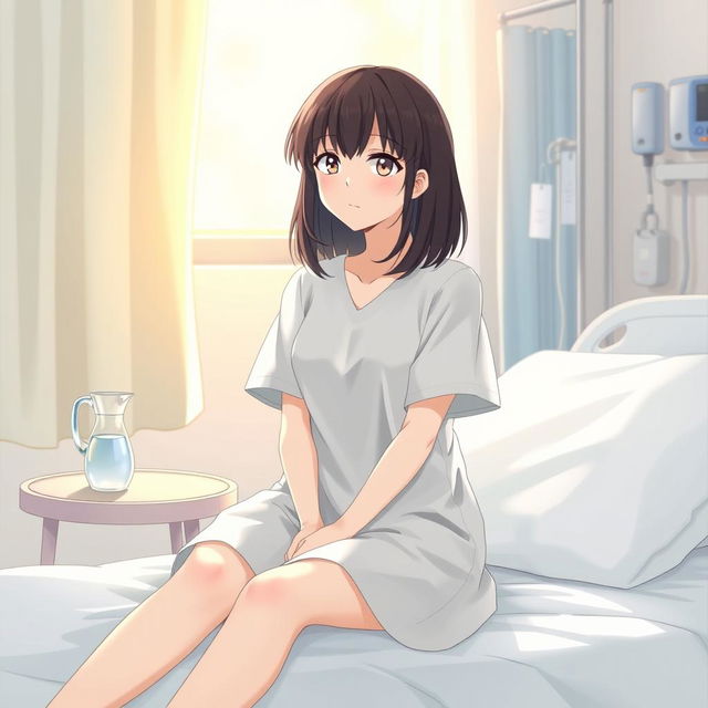 A female character wearing a hospital patient gown, sitting on a hospital bed, looking thoughtful