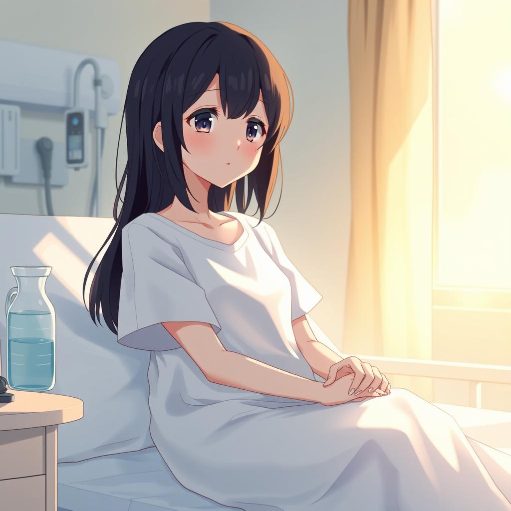 A female character wearing a hospital patient gown, sitting on a hospital bed, looking thoughtful