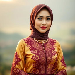 A beautiful woman dressed in a stunning kebaya that combines rich gold and deep burgundy colors