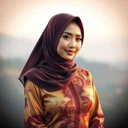 A beautiful woman dressed in a stunning kebaya that combines rich gold and deep burgundy colors