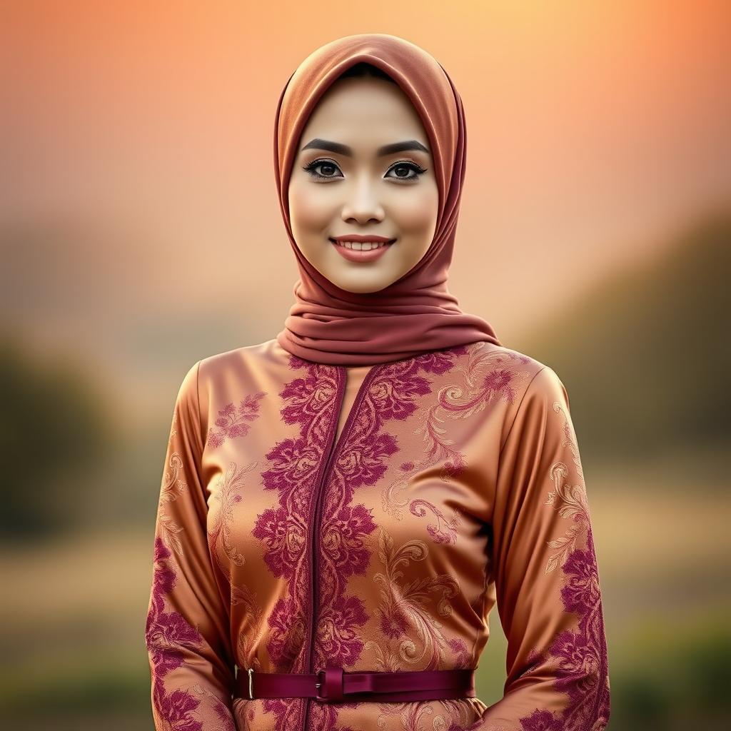 A beautiful woman dressed in a stunning kebaya that combines rich gold and deep burgundy colors