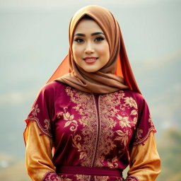 A beautiful woman dressed in a stunning kebaya that combines rich gold and deep burgundy colors