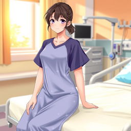 A female character dressed in stylish patient clothing, featuring a comfortable, modern hospital gown with a unique design and soft fabric