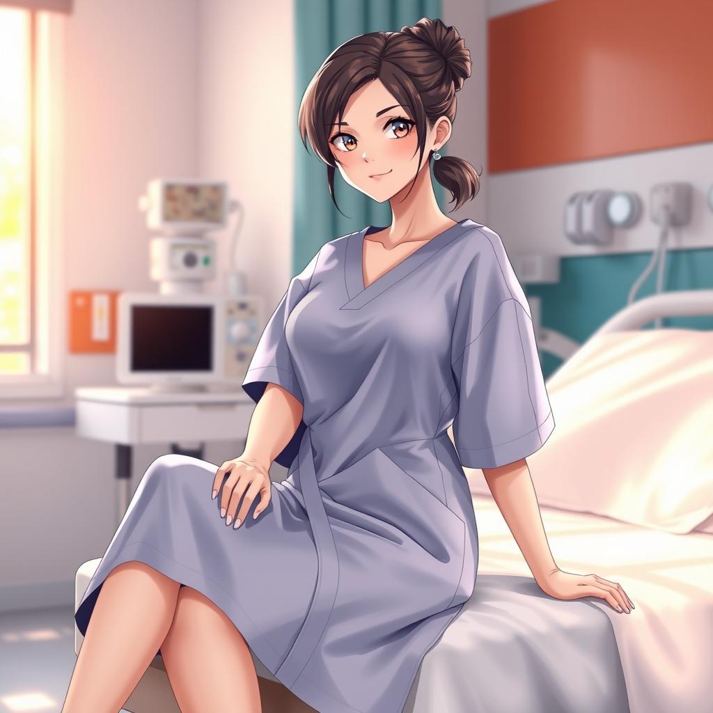 A female character dressed in stylish patient clothing, featuring a comfortable, modern hospital gown with a unique design and soft fabric