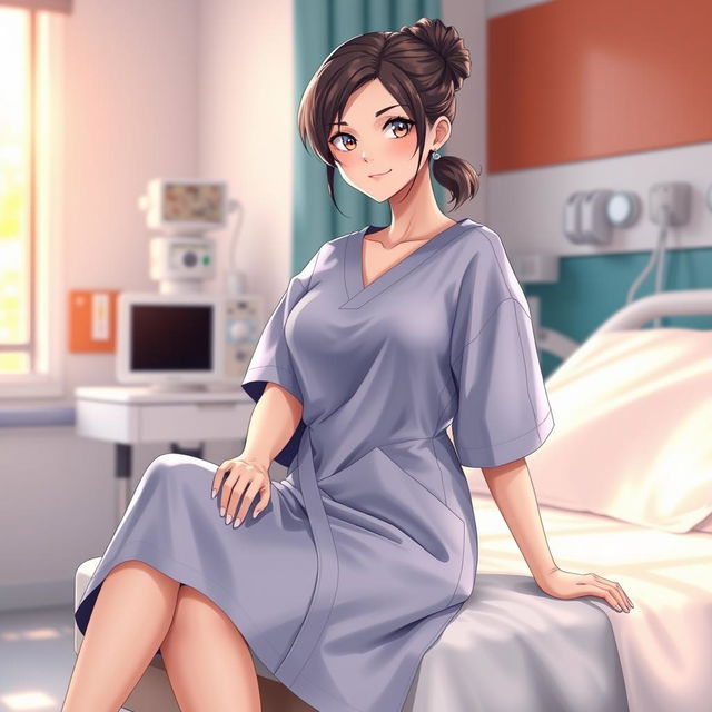 A female character dressed in stylish patient clothing, featuring a comfortable, modern hospital gown with a unique design and soft fabric
