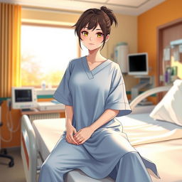 A female character dressed in stylish patient clothing, featuring a comfortable, modern hospital gown with a unique design and soft fabric