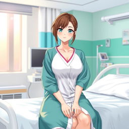 A female character dressed in stylish patient clothing, featuring a comfortable, modern hospital gown with a unique design and soft fabric