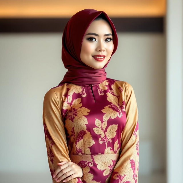 A beautiful woman wearing a traditional kebaya, combining elegant gold and deep burgundy colors