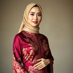 A beautiful woman wearing a traditional kebaya, combining elegant gold and deep burgundy colors