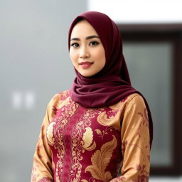 A beautiful woman wearing a traditional kebaya, combining elegant gold and deep burgundy colors